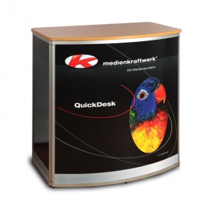 QuickDesk Halbrundtheke medium inkl. buchefarbener Thekenplatte und Digitaldruck